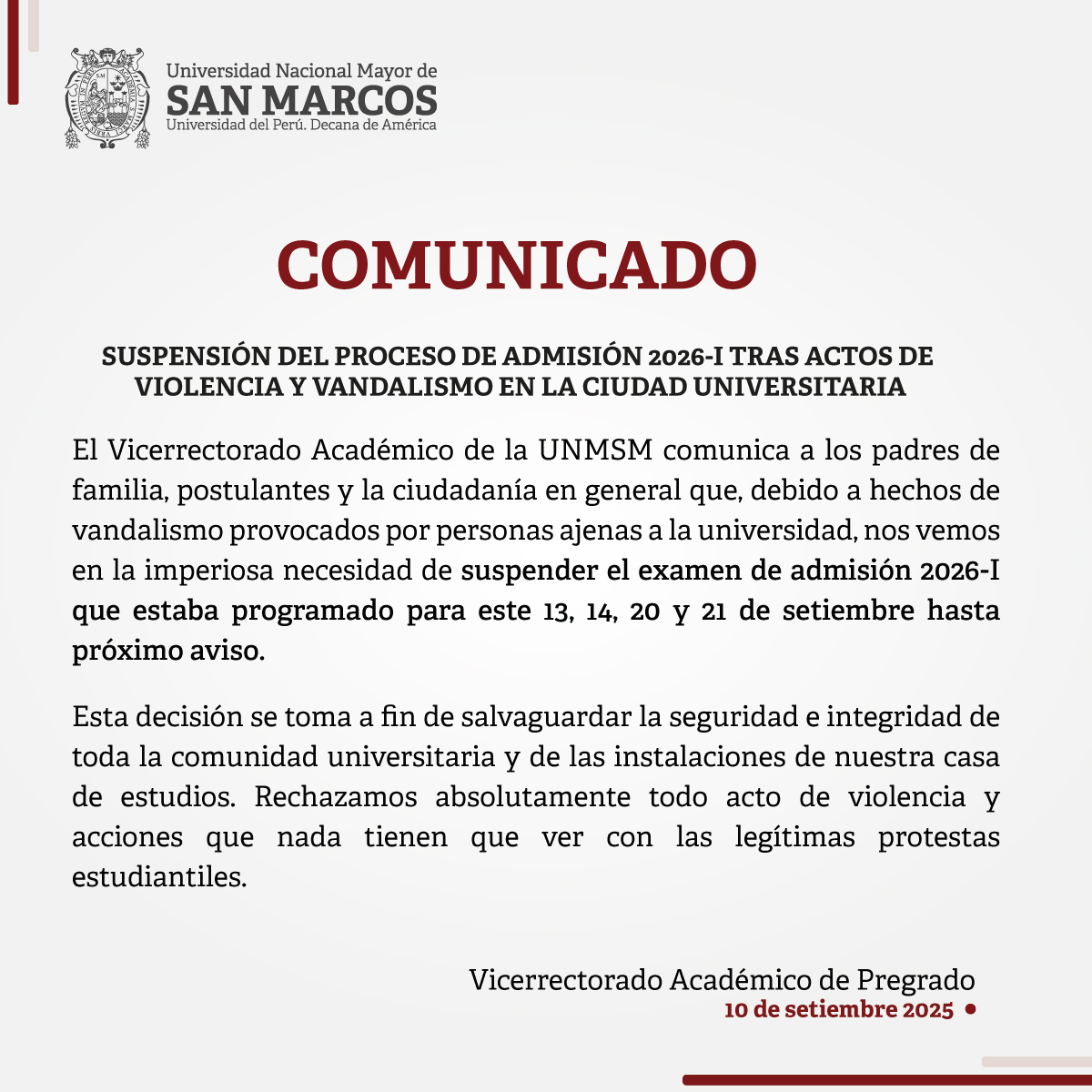 Comunicado suspensión de examen de admisión 2026 I