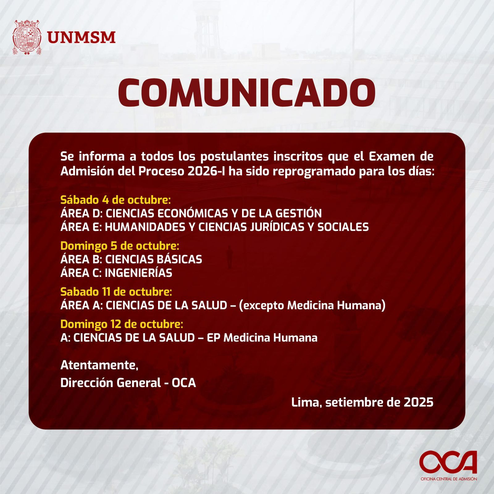 Fechas examen de admisión San Marcos 2026 I
